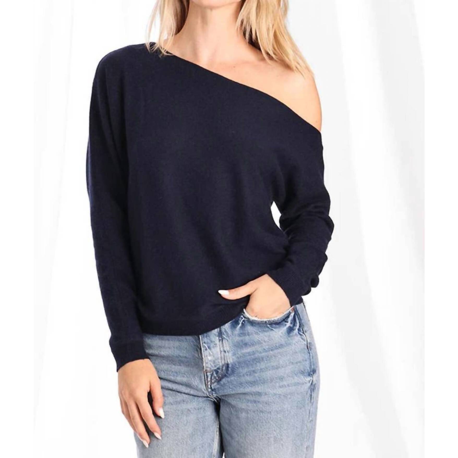 New Minnie Rose Cashmere Off-The-Shoulder Top In Navy